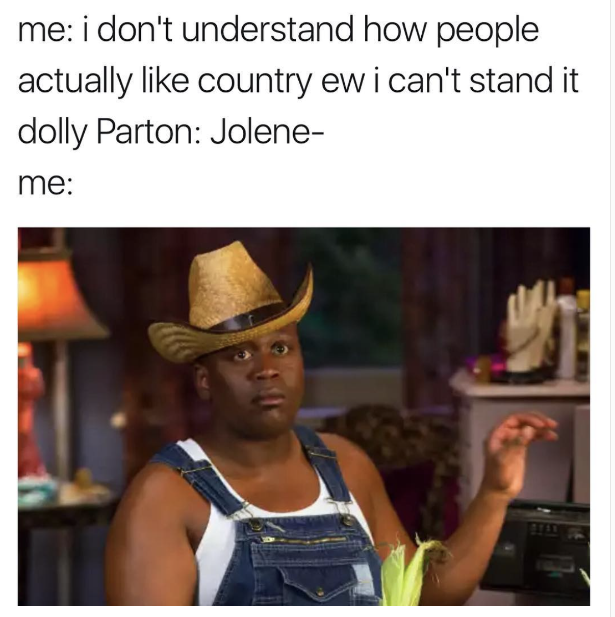 funny country music memes - me i don't understand how people actually country ew i can't stand it dolly Parton Jolene me