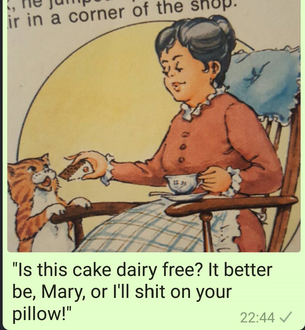 cartoon - , jump 1 ir in a corner of the shop. "Is this cake dairy free? It better be, Mary, or I'll shit on your pillow!"