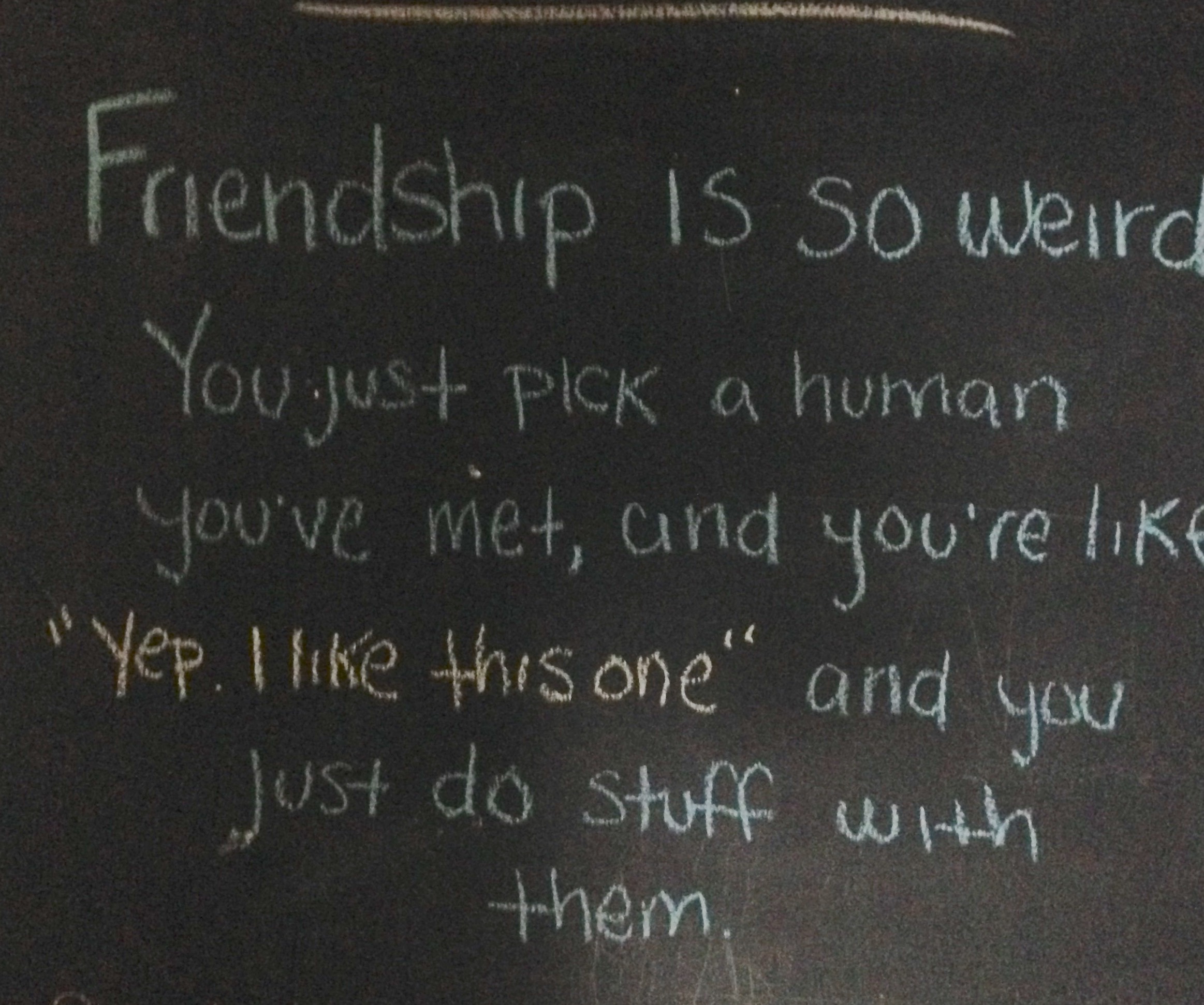 blackboard - Friendship is so weird You just Pick a human you've niet, and you're "Yep. I this one" and you Just do stuff with them.