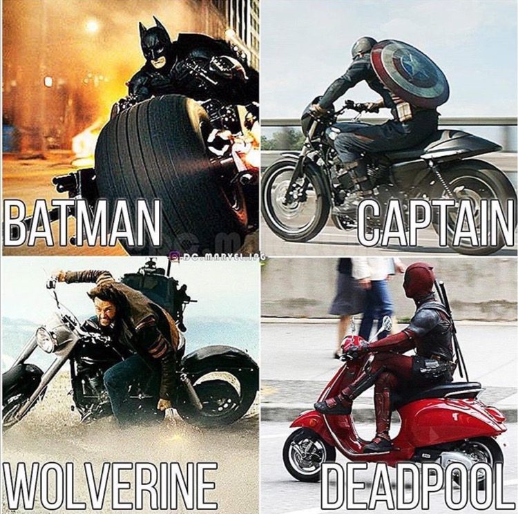 Meme about how Batman Captain America and Wolverine all have hot bikes, but deadpool just has a vespa.
