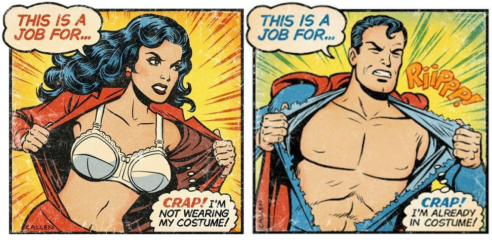 Funny comics of superheros forgetting their outfits or that they have it on already.
