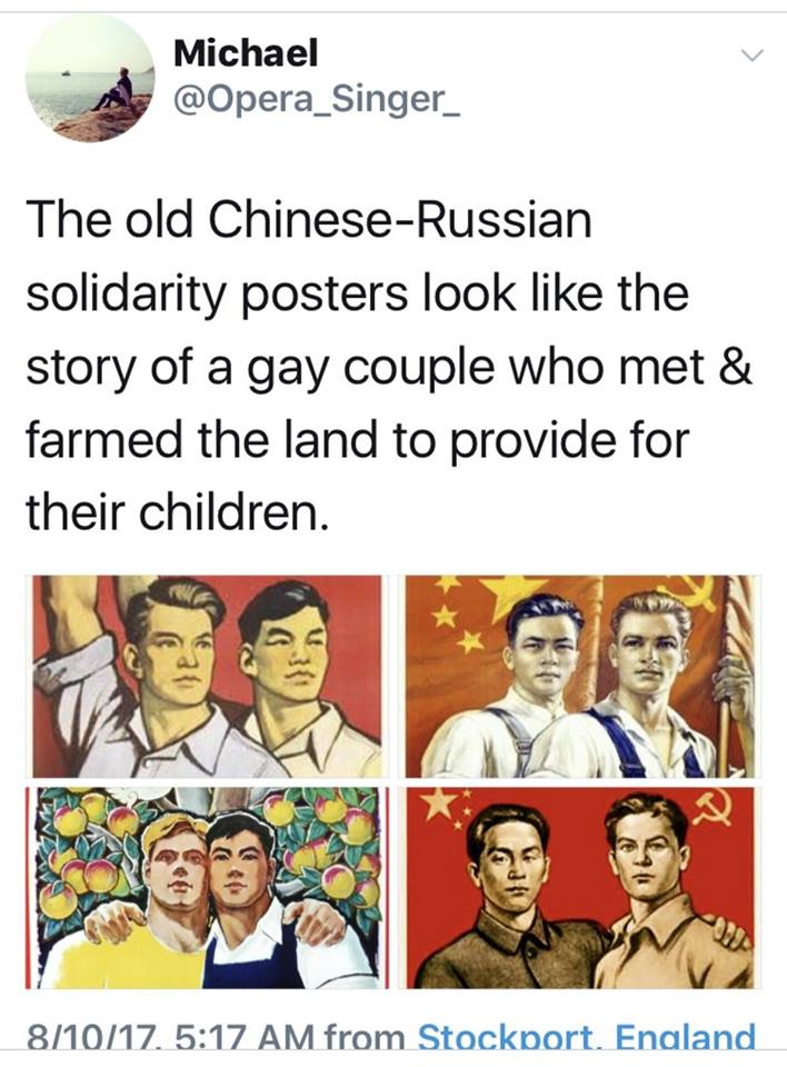 Meme about how the old Chinese-Russian solidarity posters looked like a story of a gay couple