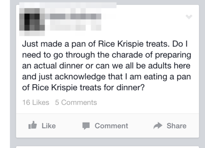 Honest tweet about how making rice krispie treats means that he will be eating that for dinner