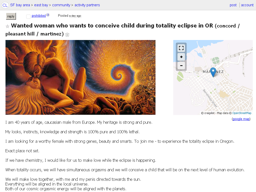 Craigslist ad for someone who want to conceive a child under the eclipse.