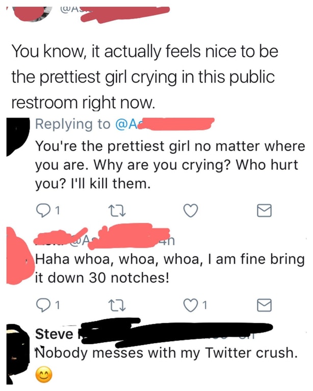 Tweet of girl crying in the bathroom and the aggressive response from her Twitter crush.