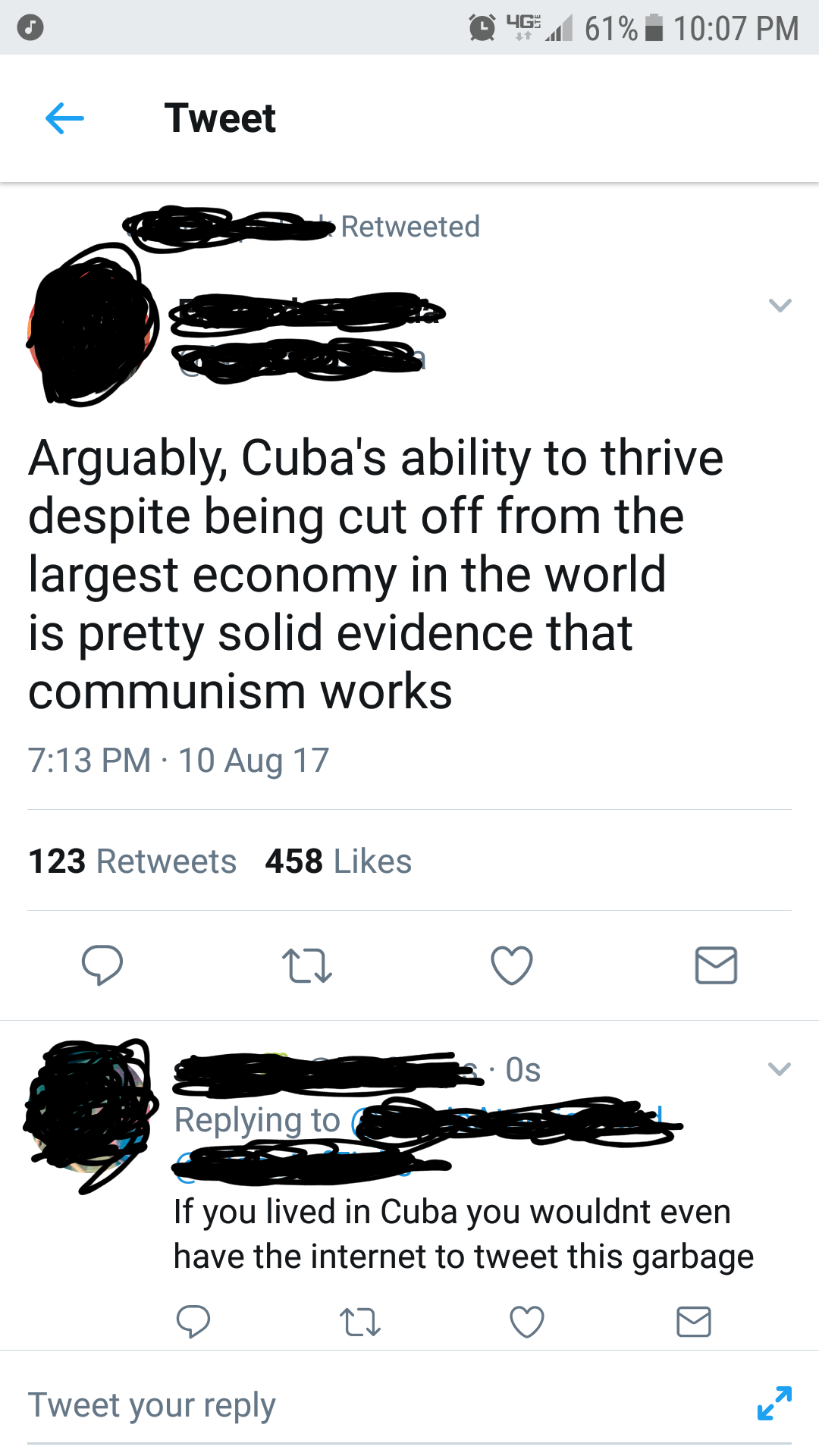 Tweet about how Cuba surviving embargo by US is proof communism works and response of someone about how they wouldn't even be able to post that if they lived in Cuba.