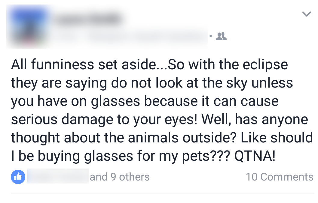 Tweet about the eclipse and what are we going to do about the animals.