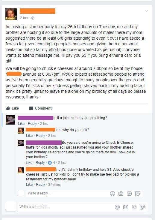 Cringe request for grown man having his birthday party at Chuckie Cheezes