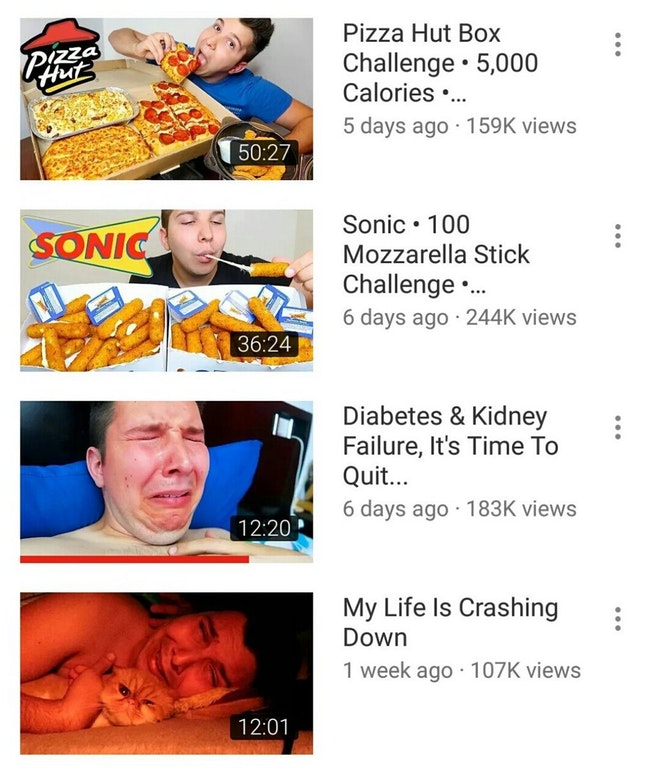 Funny collection of videos that basically tell the story of eating too much, getting sick, and falling into depression.