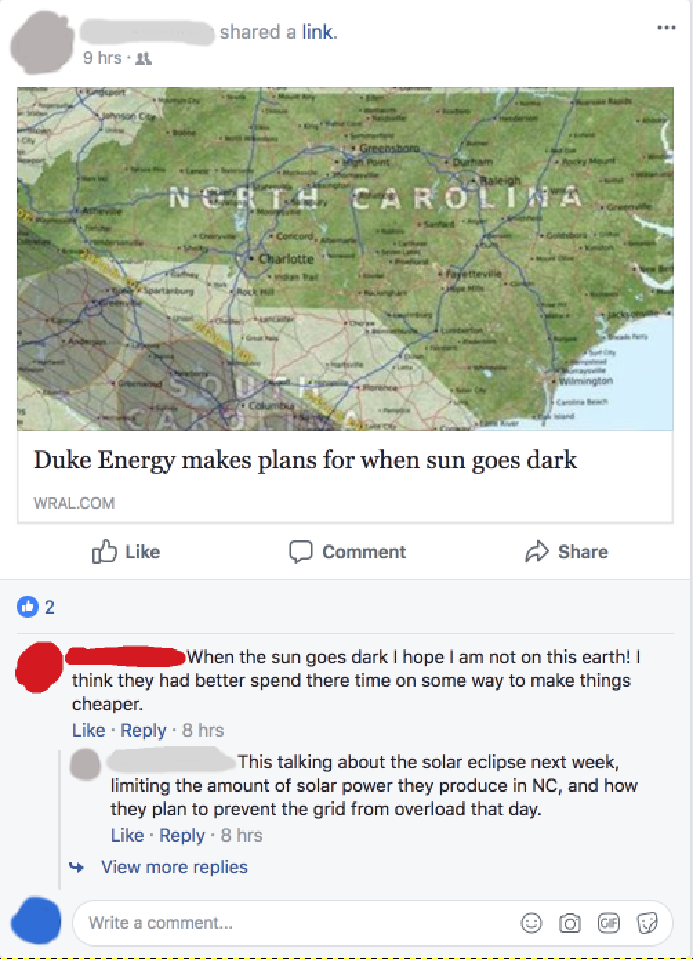 Article about Duke energy planning out their solar power during the eclipse get weird response about the earth falling into darkness.