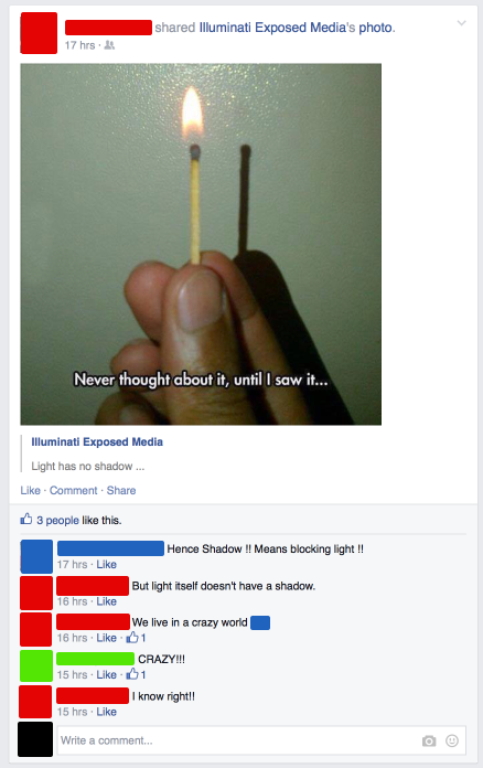 Facebook post of people's mind blown that a flame of a match does not cast a shadow.
