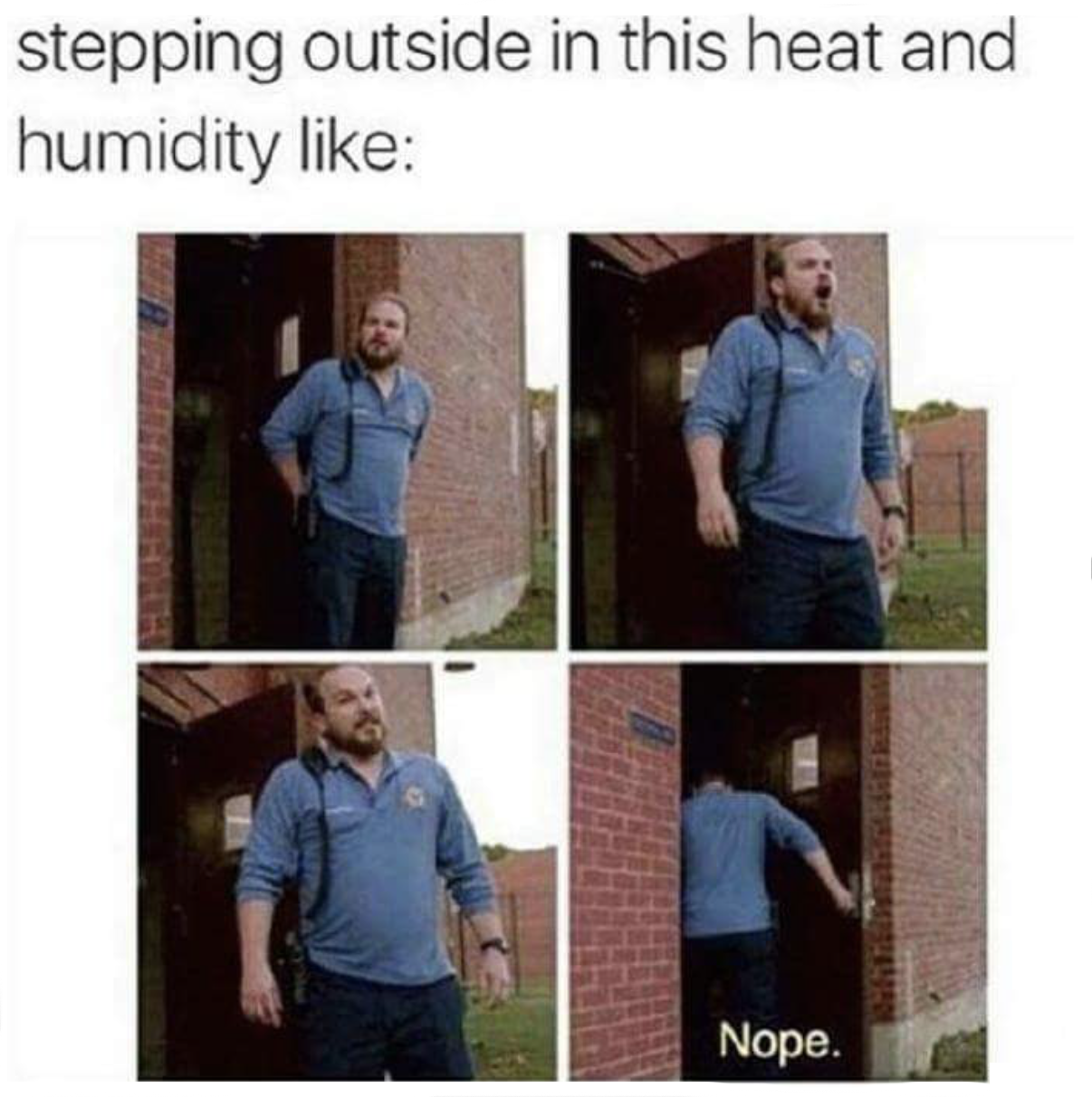 summer heat meme - stepping outside in this heat and humidity Nope.