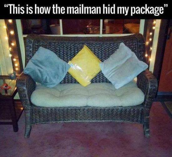 funny picture of the mailman hiding the package among the throw pillows