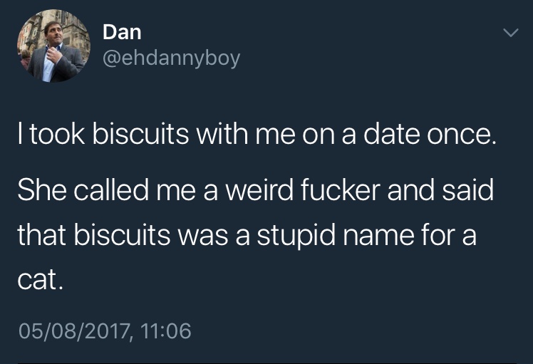 tweet about bringing biscuit the cat on a date