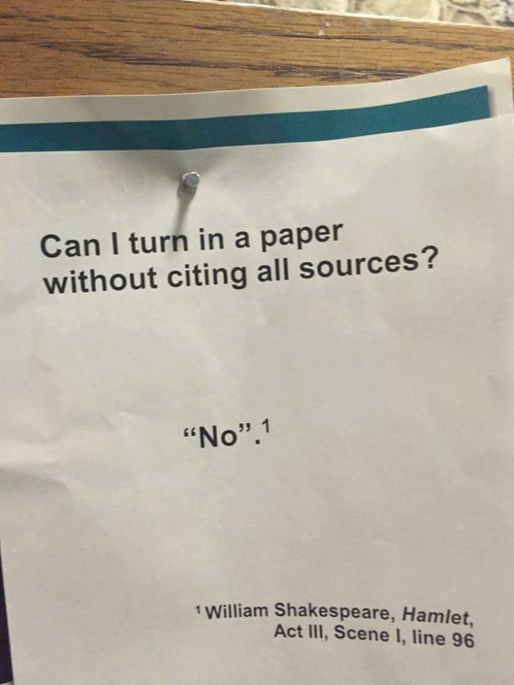 always cite your sources - Can I turn in a paper without citing all sources? "No".1 1 William Shakespeare, Hamlet, Act Iii, Scene 1, line 96