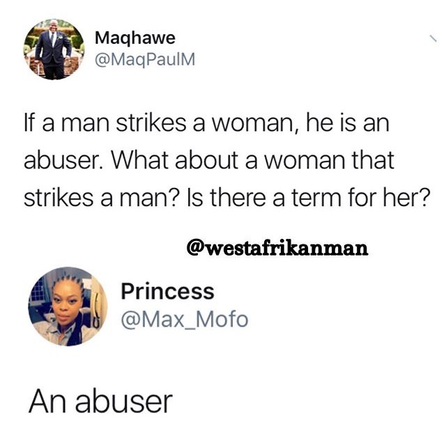 human behavior - Maghawe If a man strikes a woman, he is an abuser. What about a woman that strikes a man? Is there a term for her? Princess An abuser