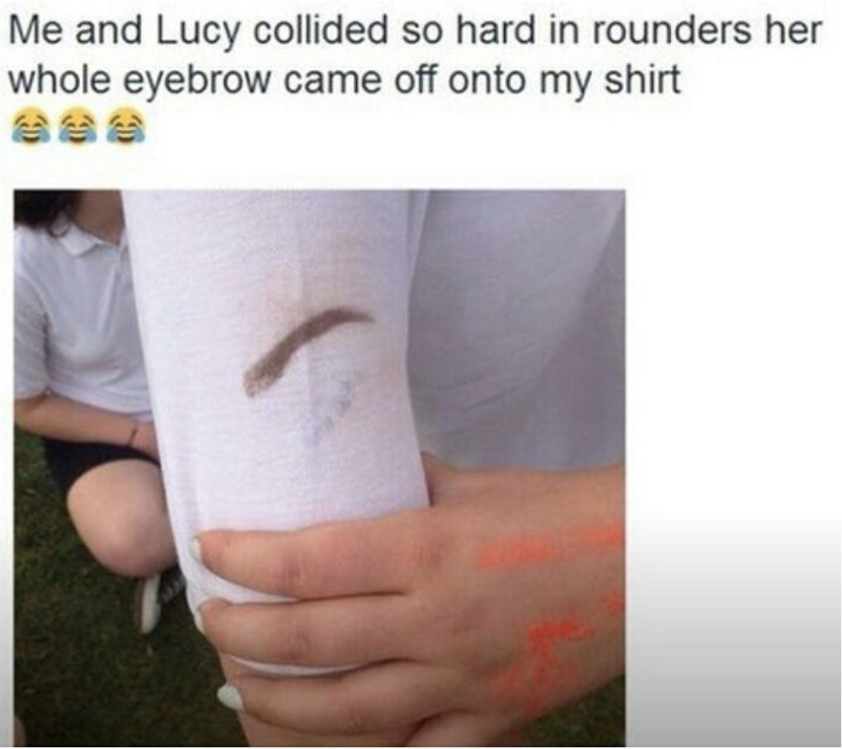 funny picture made into a meme of an eyebrow that came off and stuck to another player's shirt