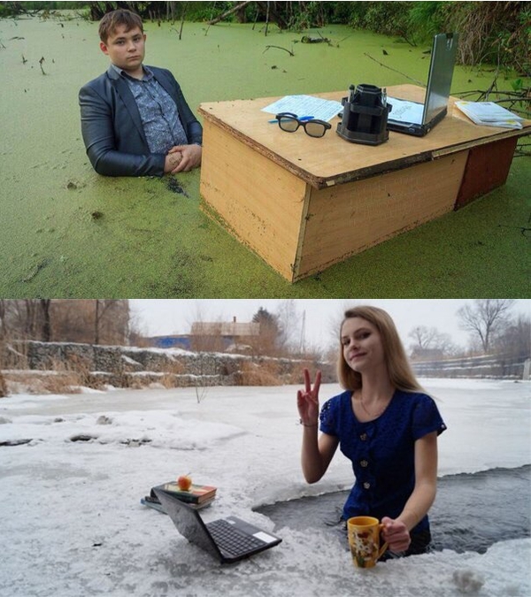funny pictures of people posing as if they are at work in extreme conditions, with man at his desk in a swamp, and woman at her station in the middle of frozen river