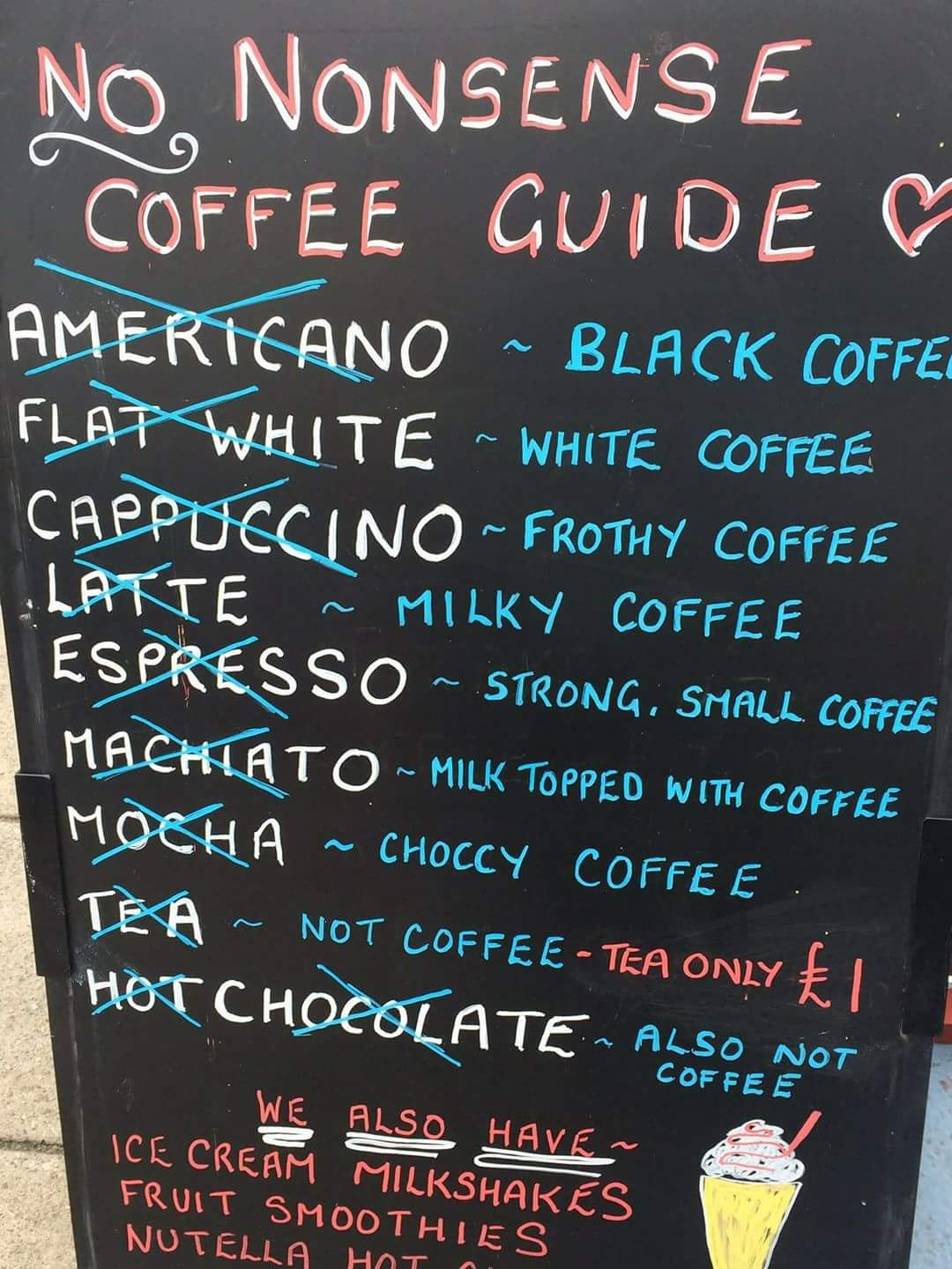 funny picture of a non nonsense guide to coffee on a chalkboard 