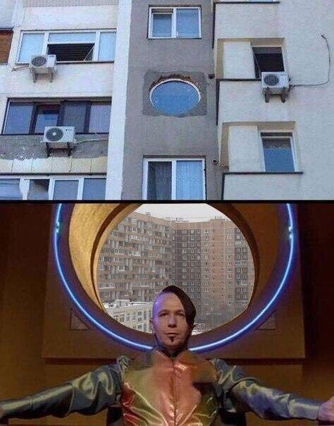funny picture of circular window in a ghetto building with alternate panel showing similar window in the movie of the bad guy The Fifth Element