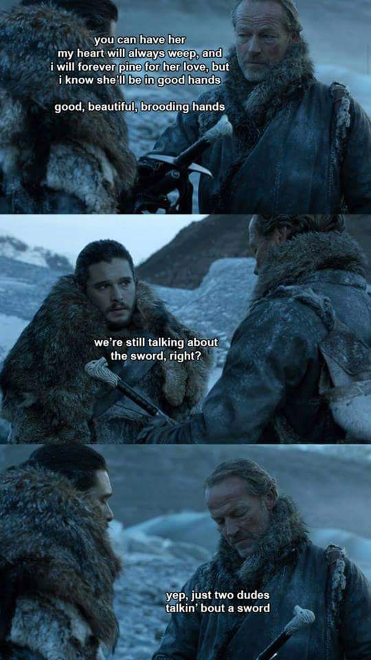 funny meme from Game of Thrones of just two dudes talking about a sword
