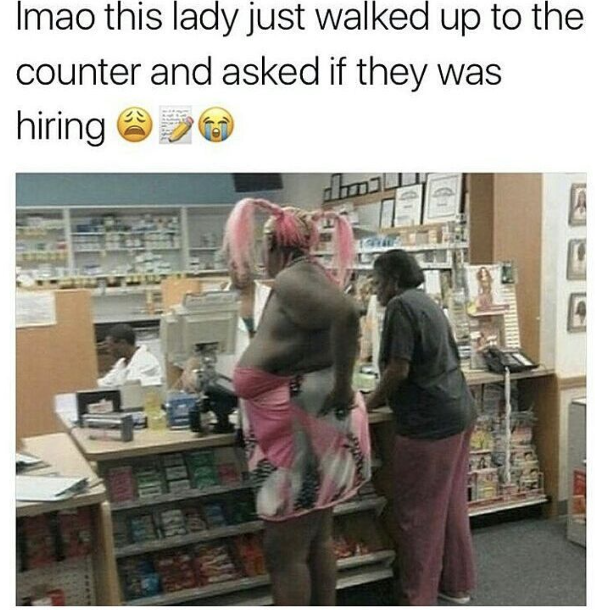 Funny large woman dressed in pink asking if they are hiring at a store