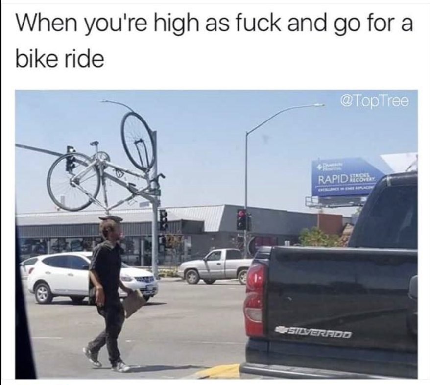 bike rack meme - When you're high as fuck and go for a bike ride Tree Rapidness Silverado