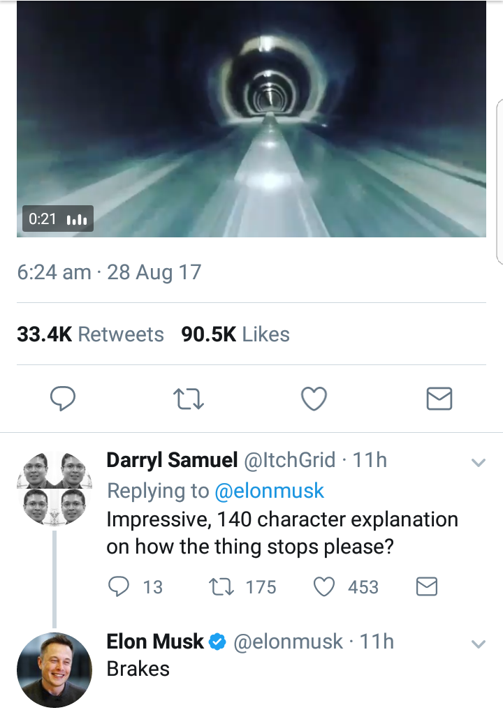 screenshot - lile 28 Aug 17 Cz Darryl Samuel 11h Impressive, 140 character explanation on how the thing stops please? 9 13 22 175 453 11h Elon Musk Brakes v