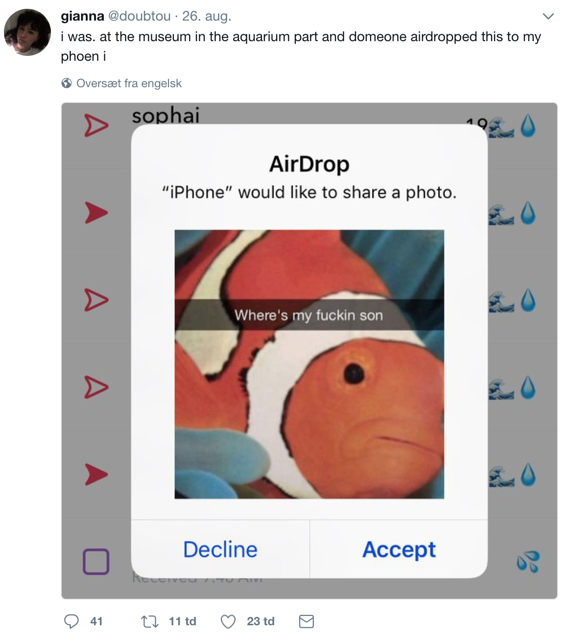 funny airdrops - gianna 26. aug. i was at the museum in the aquarium part and domeone airdropped this to my phoeni Overst fra angelsk sophai AirDrop "iPhone" would to a photo. Where's my fuckin son Decline Accept 41 to 11 td 0 23 td