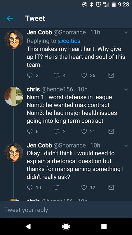 screenshot - Tweet Jen Cobb 11h This makes my heart hurt. Why give up It? He is the heart and soul of this team. 9 2 274 36 chris 10h Num 1 worst defense in league Num2 he wanted max contract Num3 he had major health issues going into long term contract 0