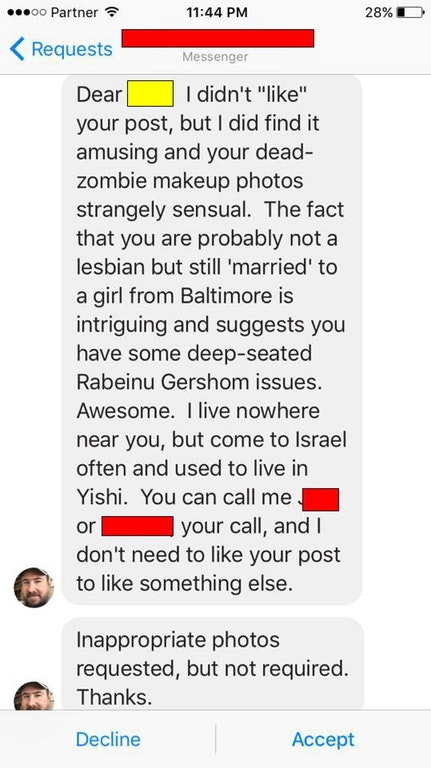 screenshot - ...00 Partner 28%D Requests Messenger Dear I didn't "" your post, but I did find it amusing and your dead zombie makeup photos strangely sensual. The fact that you are probably not a lesbian but still 'married to a girl from Baltimore is intr