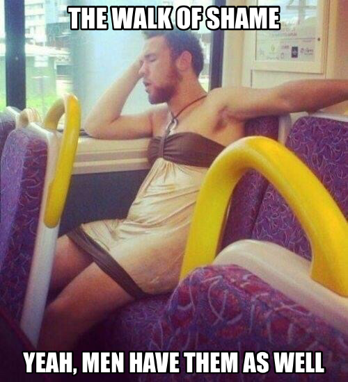 Man on a bus wearing a dress and funny meme about it.