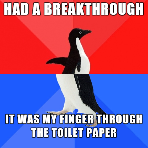 Penguin awkward about finger pushing through the toilet paper