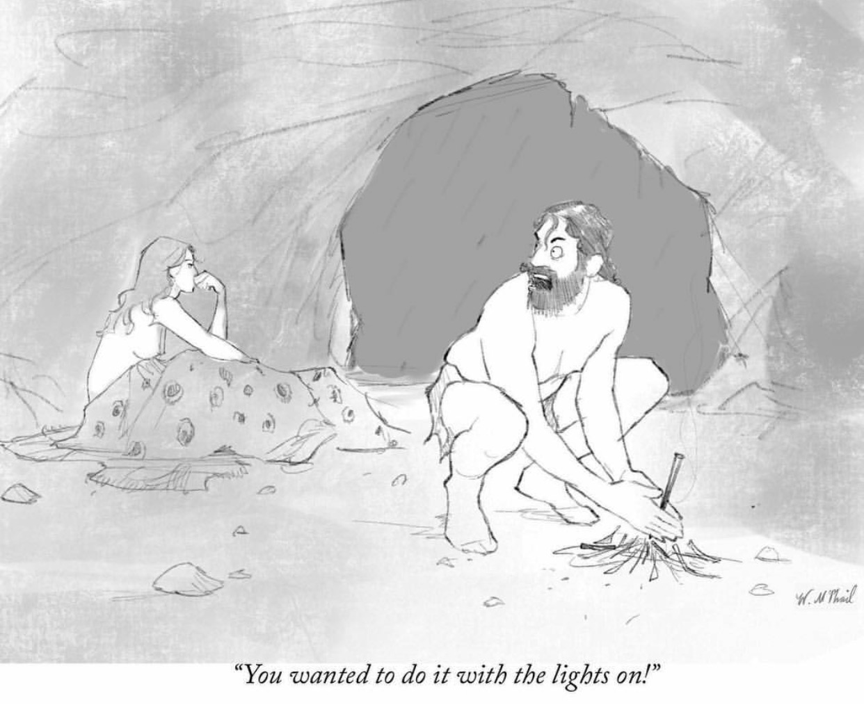 Funny cartoon about caveman doing it with the lights on.