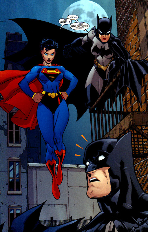 Female superwoman and batwoman asking batman who he thinks he is.