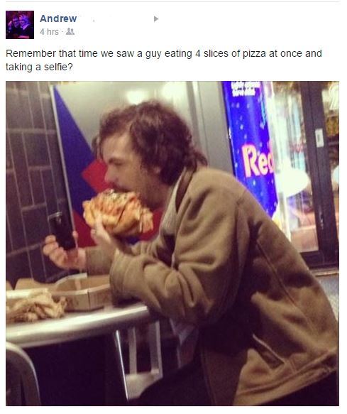 Man taking selfie of himself eating 4 pizzas