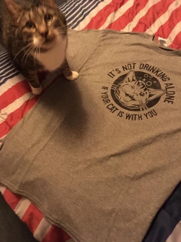 funny picture of a cat on a shirt that has printing on it that it is not drinking alone if your cat is with you