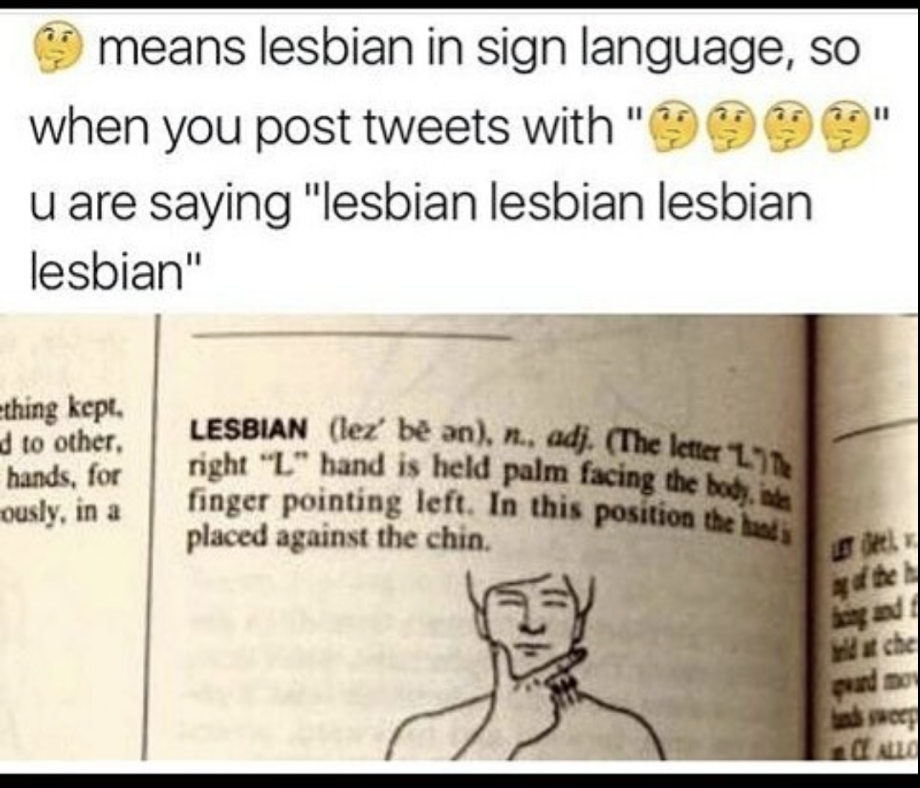 funny meme of a picture from sign language dictionary of that emoticon of stroking the chin means Lesbian in ASL