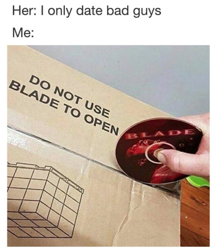 Meme about girl saying she only dates bad guys with funny picture of someone using Blade DVD to open box that explicitly says on it DO NOT USE BLADE TO OPEN