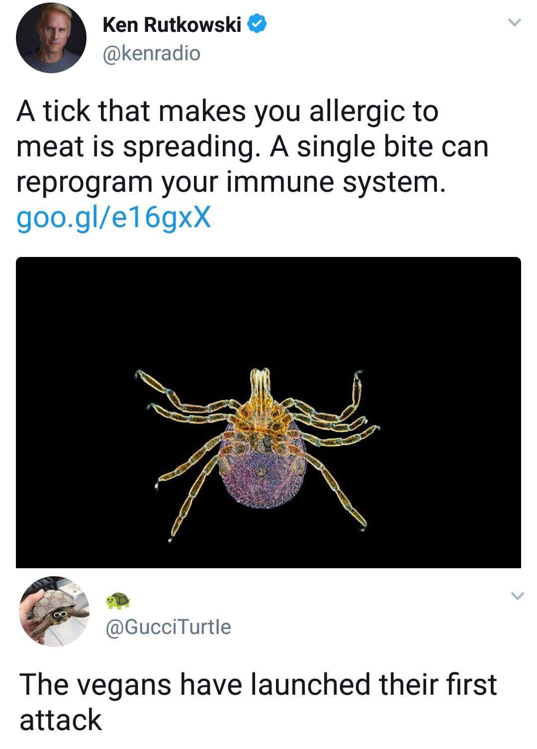 Meme about tick that makes you allergic to meat from just one bite, joked as an attack on us by vegans.