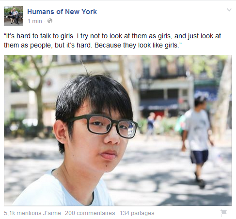 Funny meme of human's of new york kid who has a hard time talking to girls because he tries to see them as people, but they look like girls.