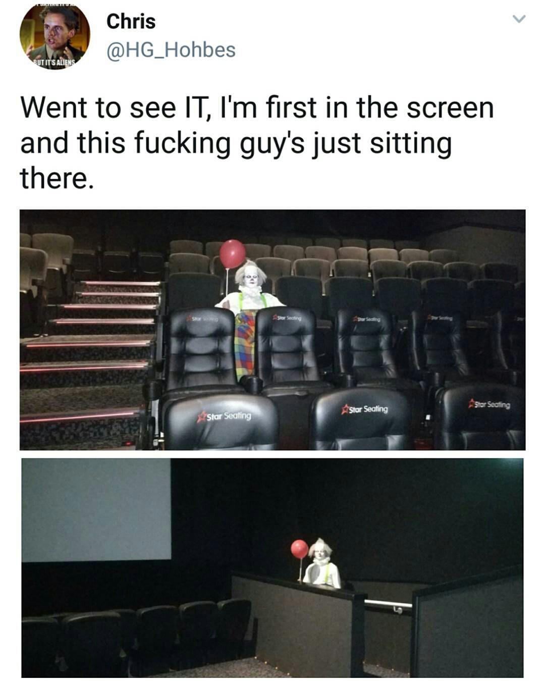 funny meme of lone clown sitting at the movie theatre with red balloon for the movie IT.