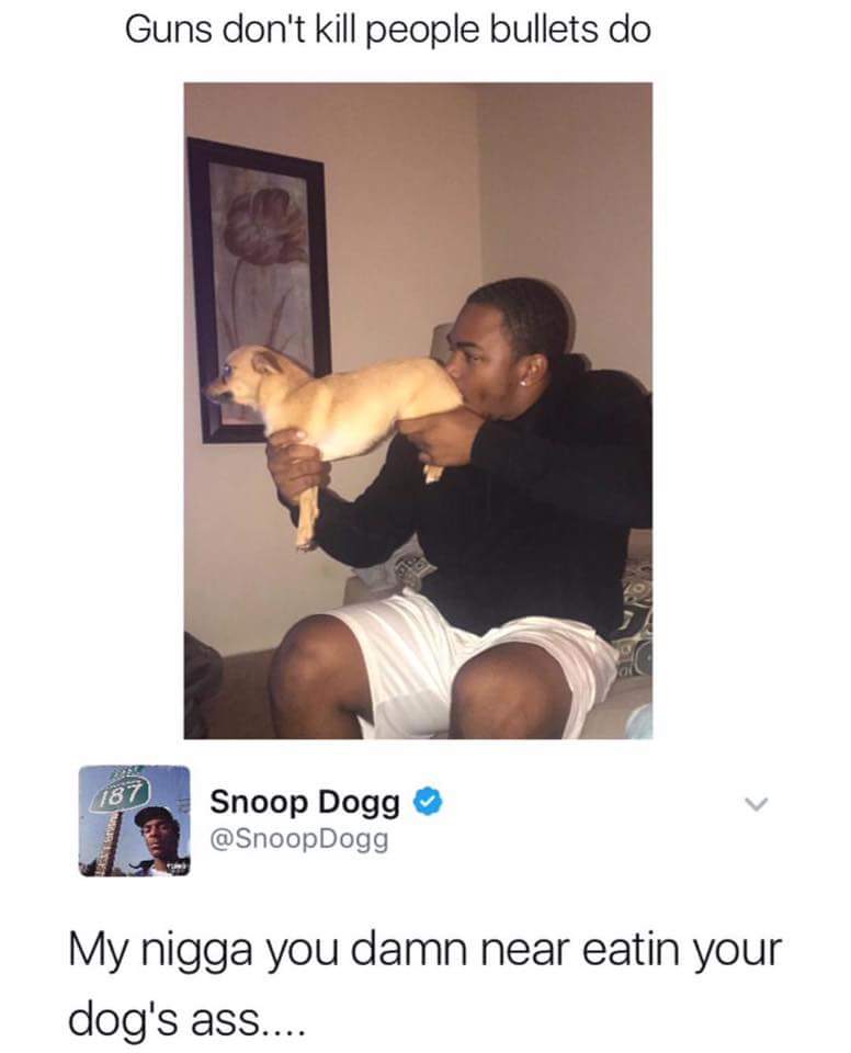 Funny meme of man making believe his dog is a weapon.