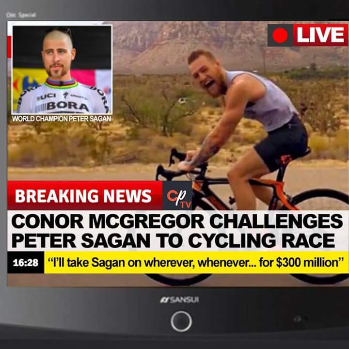 Funny photoshop meme of Conor McGregor challenging Peter Sagan to a cycling race.