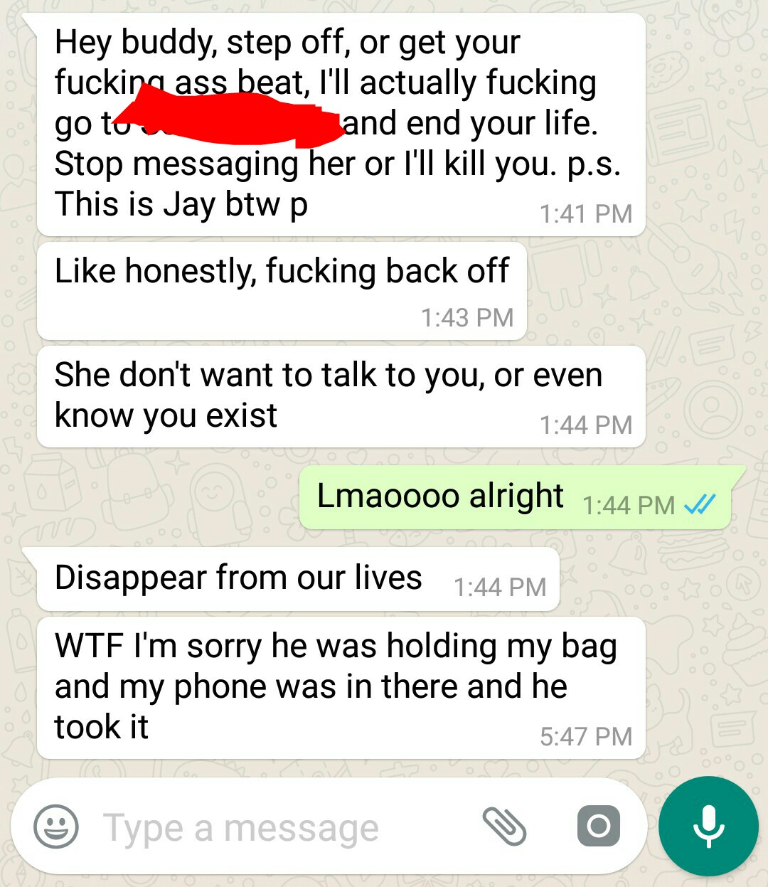 Funny whatsapp exchange of dude telling other dude to stay away from his girl