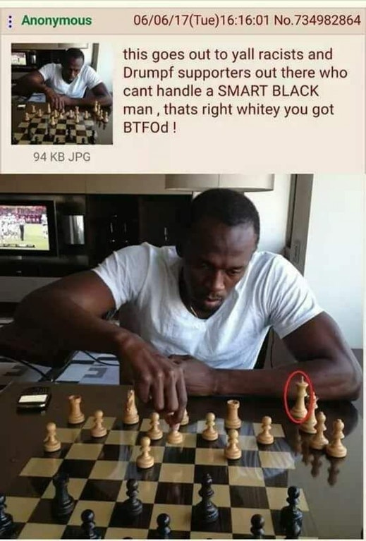 Man bragging that he is intellectual, shows pic of him playing chess but the king is already off the board.