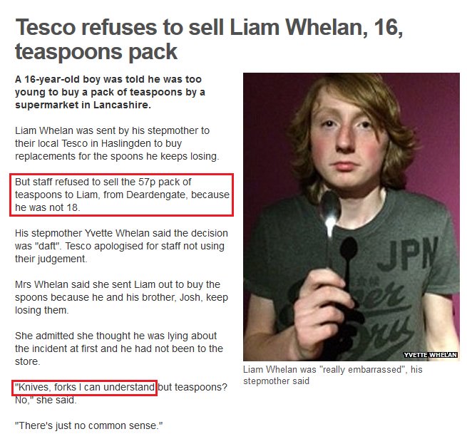 Tesco refuses to sell a 16 year old spoons.