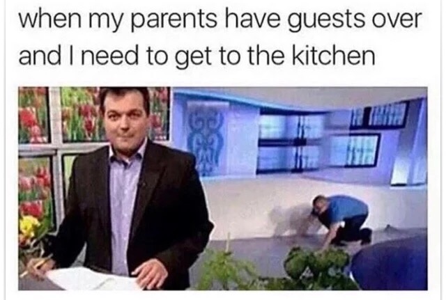 my parents have guests over meme - when my parents have guests over and I need to get to the kitchen