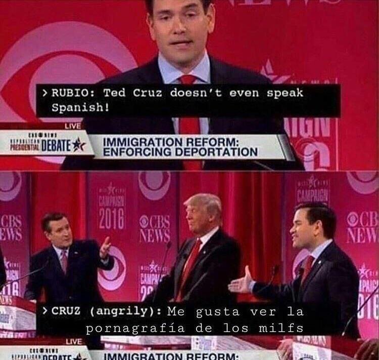 Funny meme of Rubio and Cruz at the presidential debates with dig at Cruz.
