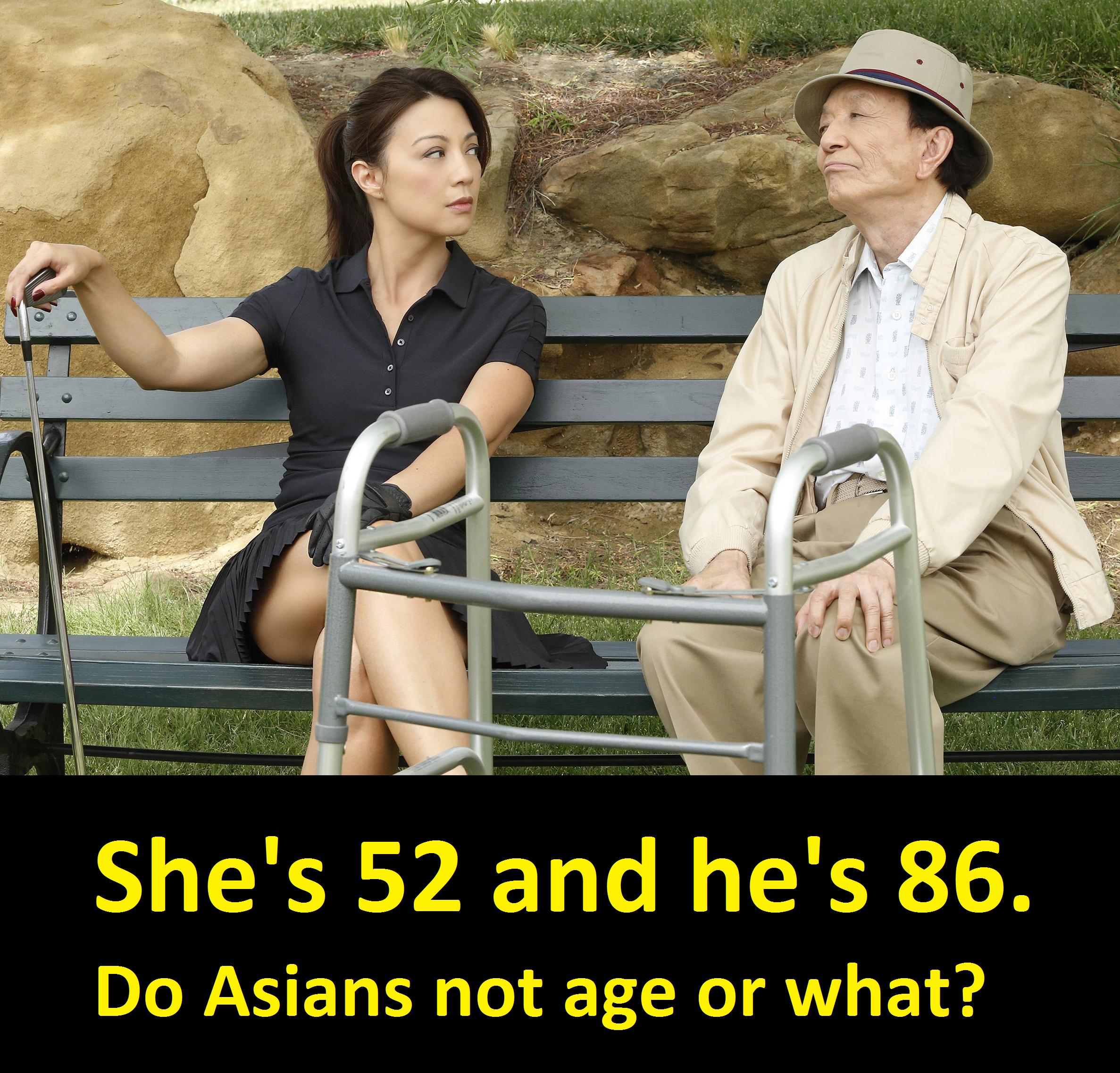 Meme of an Asian couple which the woman is 52 and man is 86 and they look so young.